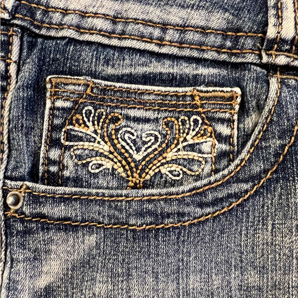 Vintage Industrial Cotton Embroidered Distressed Flare Bootcut Denim Jeans SZ 5 - Picture 9 of 16